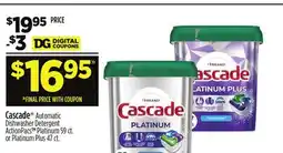Dollar General Cascade Automatic Dishwasher Detergent ActionPacsTM Platinum 59 ct. or Platinum Plus 47 ct offer