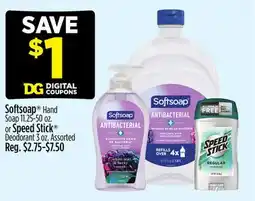 Dollar General Softsoap Hand Soap 11.25-50 oz. or Speed Stick Deodorant 3 oz offer