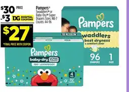 Dollar General Pampers Swaddlers or Baby-Dry Super Diapers offer