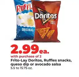 Hy-Vee Frito-Lay Doritos, Ruffles snacks, queso dip or avocado salsa offer