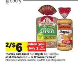 Meijer Thomas' Corn Cakes 7 oz., Bagels 6 ct./15.8-20 oz. or Muffin Tops 10.5 oz. or Brownberry Bread offer