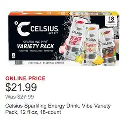 Costco Celsius Sparkling Energy Drink, Vibe Variety Pack, 12 fl oz, 18-count offer