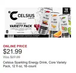 Costco Celsius Sparkling Energy Drink, Core Variety Pack, 12 fl oz, 18-count offer