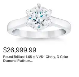 Costco Round Brilliant 1.65 ct VVS1 Clarity, D Color Diamond Platinum Solitaire Ring offer
