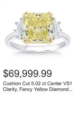 Costco Cushion Cut 5.02 ct Center VS1 Clarity, Fancy Yellow Diamond Platinum Three Stone Ring offer