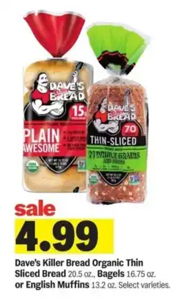 Meijer Dave's Killer Bread Organic Thin Sliced Bread 20.5 oz., Bagels or English Muffins offer