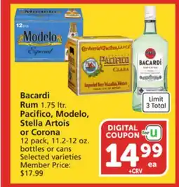 Albertsons Bacardi Rum 1.75 ltr. Pacifico, Modelo, Stella Artois or Corona 12 pack, 11.2-12 oz. bottles or cans offer