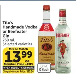 Vons Tito's Handmade Vodka or Beefeater Gin offer