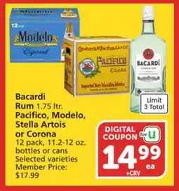 Vons Bacardi Rum 1.75 ltr. Pacifico, Modelo, Stella Artois or Corona 12 pack, 11.2-12 oz. bottles or cans offer
