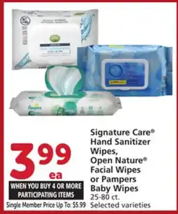 Vons Signature Care Hand Sanitizer Wipes, Open Nature Facial Wipes or Pampers Baby Wipes offer