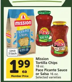 Vons Mission Tortilla Chips 18 oz. Pace Picante Sauce or Salsa 16 oz offer
