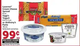 Vons Lucerne Cream Cheese Spread 8 oz. Siggi's Yogurt 4.4-5.3 oz. or Anthony's Pasta 16 oz offer