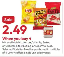 Stater Bros Lay's, Lay's Kettle, Baked or Cheetos 5 to 9.625 oz. or Dips 9 to 15 oz offer