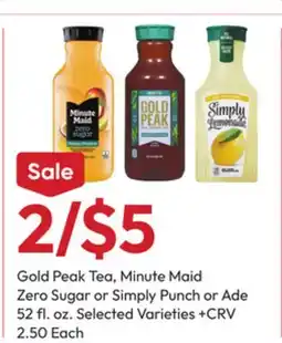 Stater Bros Gold Peak Tea, Minute Maid Zero Sugar or Simply Punch or Ade offer