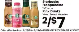 Jewel-Osco Starbucks Frappuccino 13.7 oz. or Pink Drinks 14 oz offer