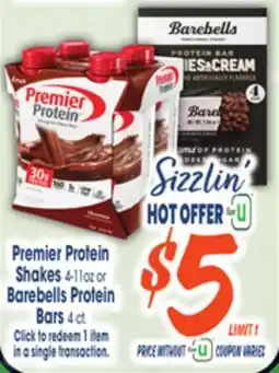 Jewel-Osco Premier Protein Shakes 4-11oz or Barebells Protein Bars 4 ct offer