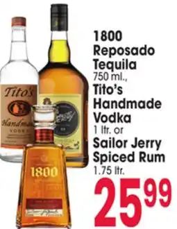 Jewel-Osco 1800 Reposado Tequila 750 ml., Tito's Handmade Vodka 1 ltr. or Sailor Jerry Spiced Rum 1.75 ltr offer