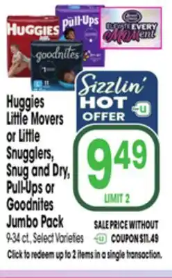 Jewel-Osco Huggies Little Movers or Little Snugglers, Snug and Dry, Pull-Ups or Goodnites Jumbo Pack offer