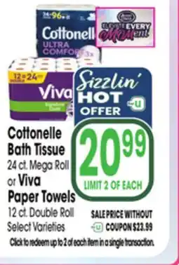 Jewel-Osco Cottonelle Bath Tissue 24 ct. Mega Roll or Viva Paper Towels 12 ct. Double Roll offer