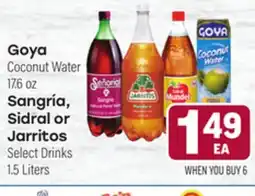 Tony’s Fresh Market Goya Coconut Water 17.6oz., Sangría, Sidral or Jarritos Select Drinks 1.5 Liters offer