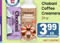 Tony’s Fresh Market Chobani Coffee Creamers offer