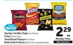 Safeway Doritos Tortilla Chips, Fritos, Smartfood Popcorn, Rold Gold Pretzels offer