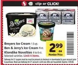 Safeway Breyers Ice Cream, Ben & Jerry's Ice Cream, Klondike Novelties offer