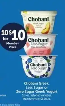 Safeway Chobani Greek, Less Sugar or Zero Sugar Greek Yogurt offer