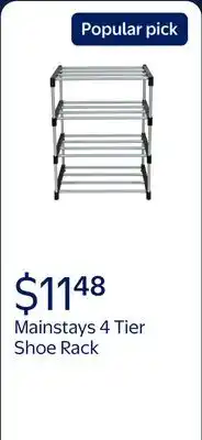 Walmart Mainstays 4 Tier Shoe Rack, Black and Silver, 8 Pairs of Shoes, Metal Tubes & Plastic Connectors offer
