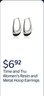 Walmart Time and Tru Women's Resin and Metal Hoop Earrings, Silver-Tone and Black offer