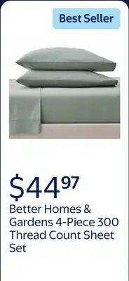 Walmart Better Homes & Gardens Cool & Crisp 4-Piece 300 Thread Count Green River Cotton Percale Sheet Set offer
