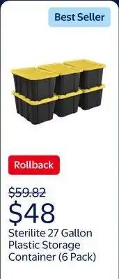 Walmart Sterilite Large Storage Bin, 27 Gallon Plastic Storage Container with Snap-On Lid, Black and Yellow offer