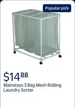 Walmart Mainstays Soft Silver 3 Bag Mesh Rolling Laundry Sorter Cart with Easy Roll Casters offer