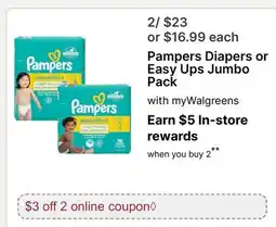 Walgreens Pampers Diapers or Easy Ups Jumbo Pack offer