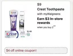 Walgreens Crest Toothpaste offer