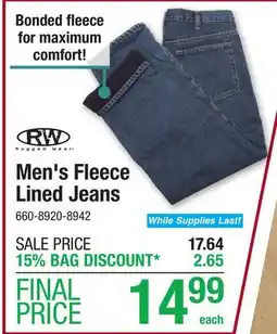 Menards Rugged Wear Men's Fleece Lined Jeans offer