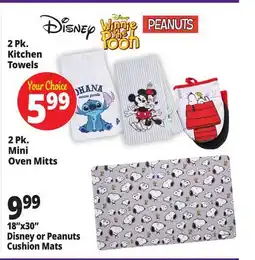 Ocean State Job Lot 2 Pk. Kitchen Towels, 2 Pk. Mini Mini Oven Mitts, 18x30 Disney or Peanuts Cushion Mats offer