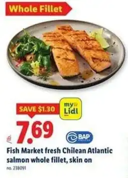 Lidl Fish Market fresh Chilean Atlantic salmon whole fillet, skin on offer