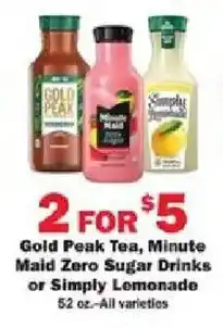 Schnucks Gold Peak Tea, Minute Maid Zero Sugar Drinks or Simply Lemonade offer