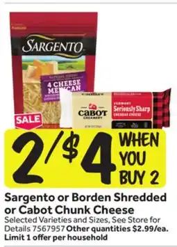 Stop&Shop Sargento or Borden Shredded or Cabot Chunk Cheese offer