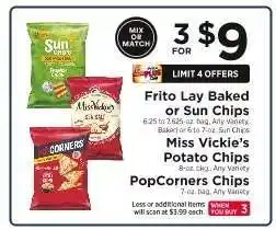 ShopRite Frito Lay Baked or Sun Chips, Miss Vickie's Potato Chips, PopCorners Chips offer