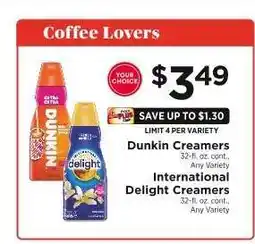 ShopRite Dunkin Creamers / International Delight Creamers offer
