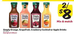 Winn Dixie Simply Orange, Grapefruit, Cranberry Cocktail or Apple Drinks offer