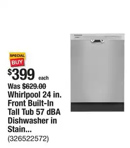 The Home Depot Whirlpool 24 in. Front Built-In Tall Tub 57 dBA Dishwasher in Stainless Steel with 4 -Cycles offer