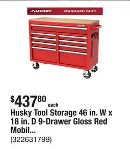 The Home Depot Husky Tool Storage 46 in. W x 18 in. D 9-Drawer Gloss Red Mobile Workbench Cabinet offer
