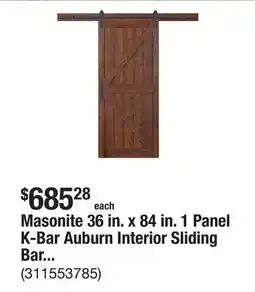The Home Depot Masonite 36 in. x 84 in. 1 Panel K-Bar Auburn Interior Sliding Barn Door Slab with Hardware Kit offer