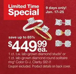 JC Penney 1 ct. t.w. lab-grown diamond studs‡ or 1 ct. lab-grown diamond round solitaire ring‡ offer