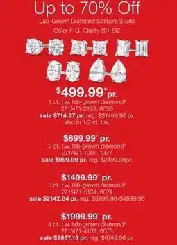 JC Penney Lab-Grown Diamond Solitaire Studs Color F-G, Clarity SI1-SI2 offer