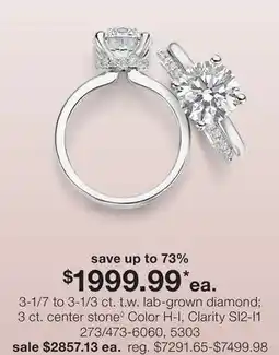 JC Penney 3-1/7 to 3-1/3 ct. t.w. lab-grown diamond 3 ct. center stone◊ Color H-I, Clarity SI2-I1 offer