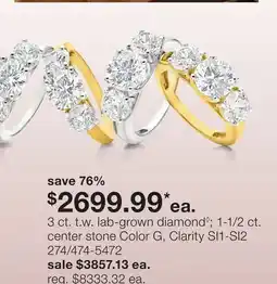 JC Penney 3 ct. t.w. lab-grown diamond◊ 1-1/2 ct. center stone Color G, Clarity SI1-SI2 offer
